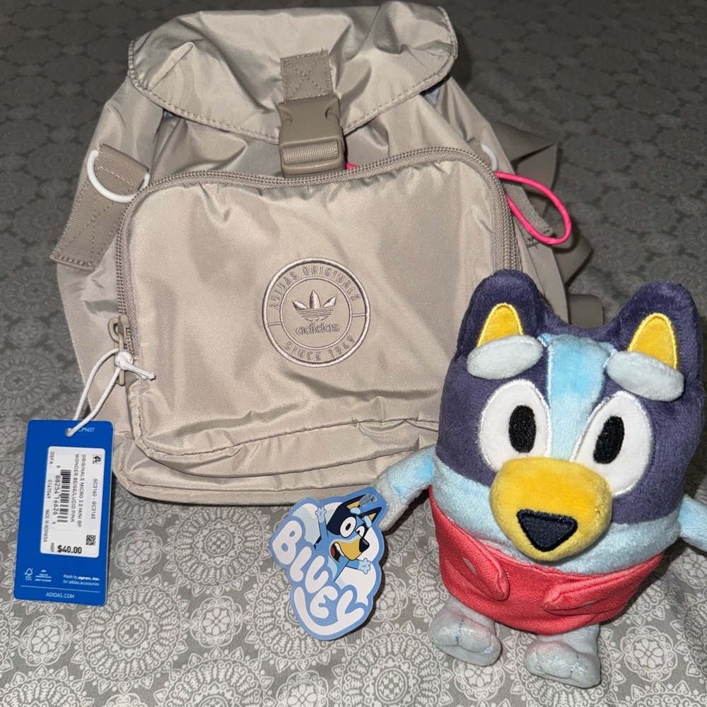 Adidas Cream Backpack with Bluey Plush